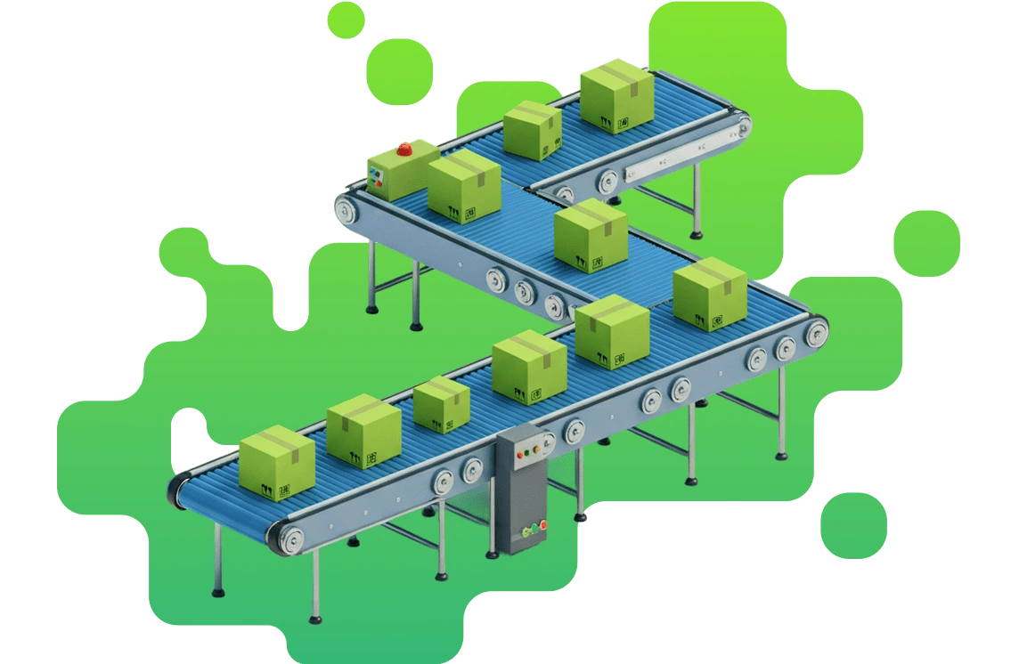 3D render of an automated conveyor belt system carrying green boxes on blue rollers against an abstract green background