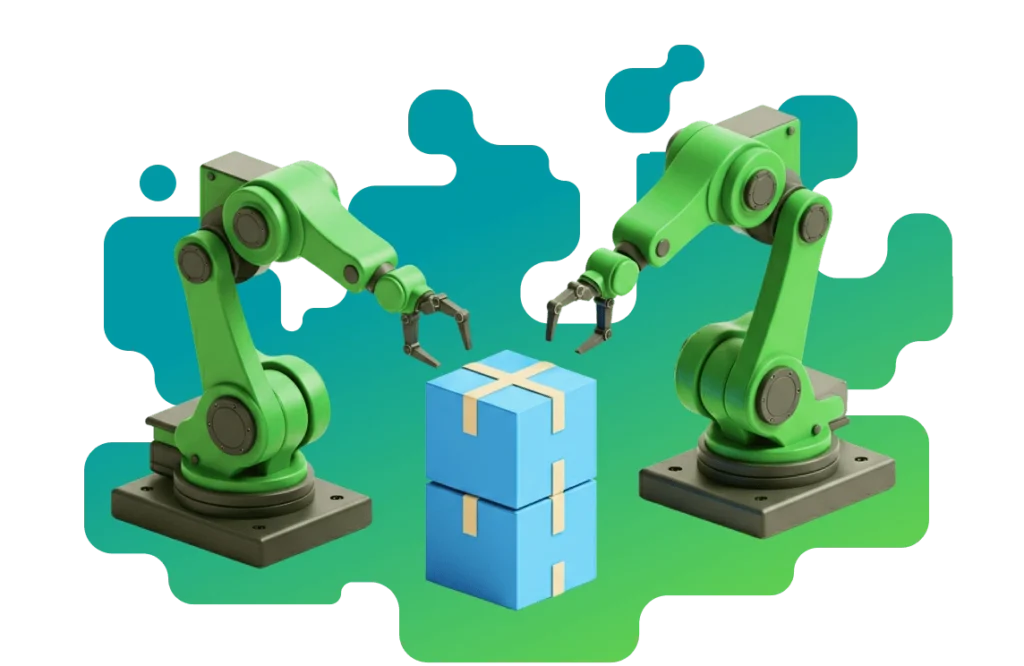 3D render of two green robotic arms picking up blue boxes against an abstract teal and green background