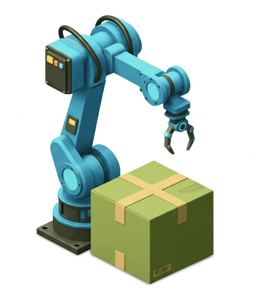 3D render of a blue robotic arm lifting a green cardboard box against an abstract white and green background